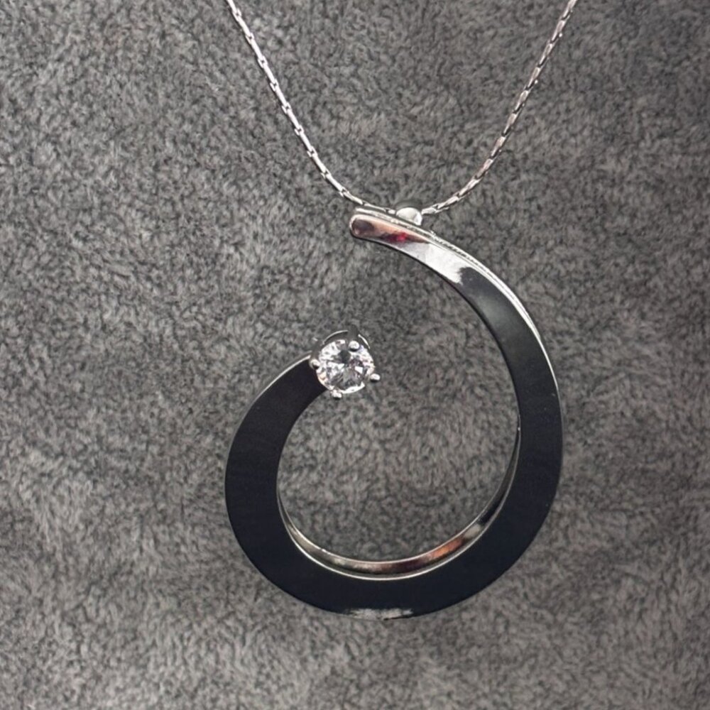 Silver-Tone Open Circle Pendant Necklace W/ Clear Crystal Accent On Chain Adjust